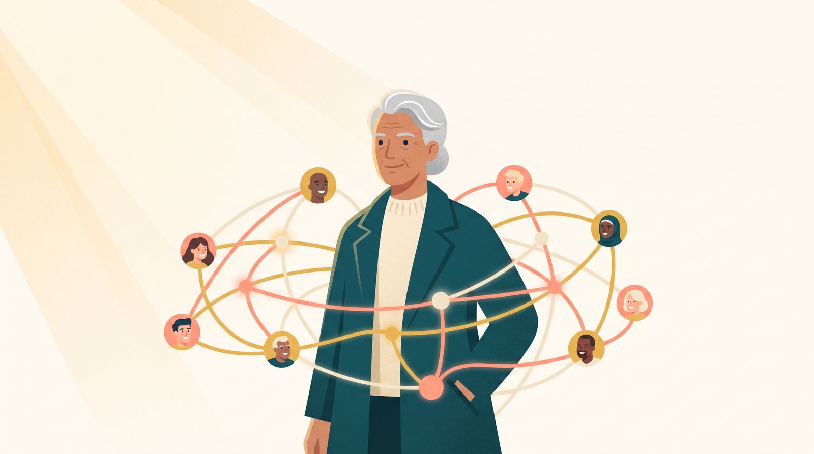 Illustration av en erfaren person i centrum av ett varmt nätverk av kontakter