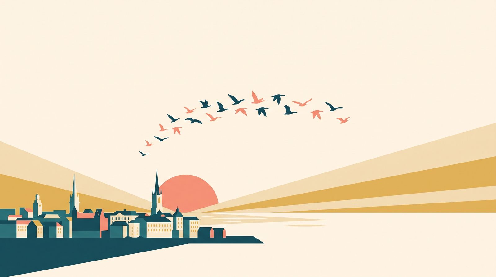 Illustration av soluppgång över en nordisk stad med fåglar i en stigande kurva