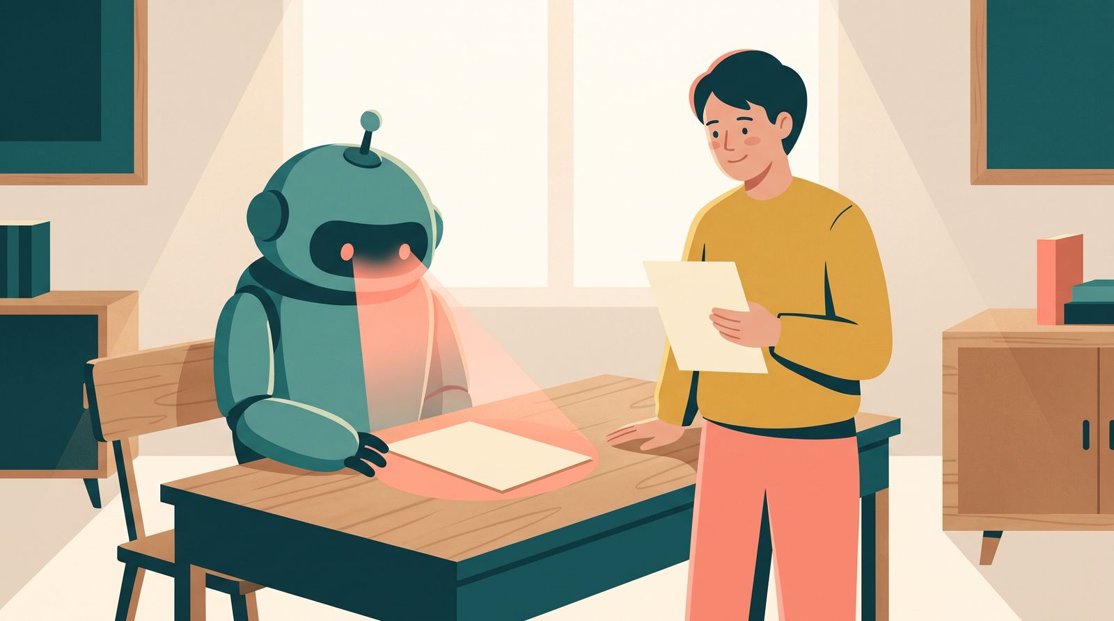 Illustration av en vänlig robot som skannar ett CV bredvid en jobbsökande