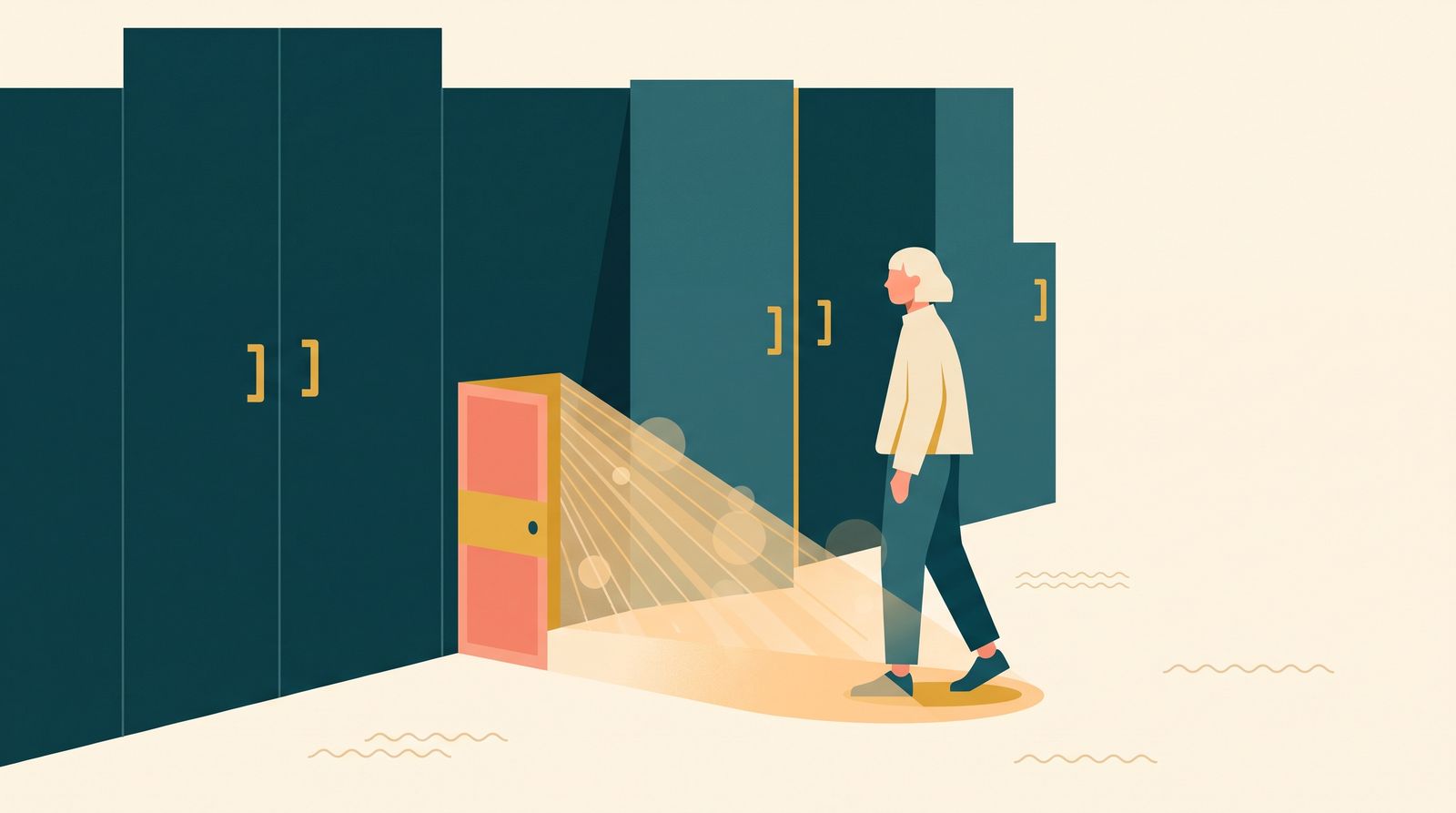 Illustration av en ung person framför stängda dörrar där en sidodörr står på glänt