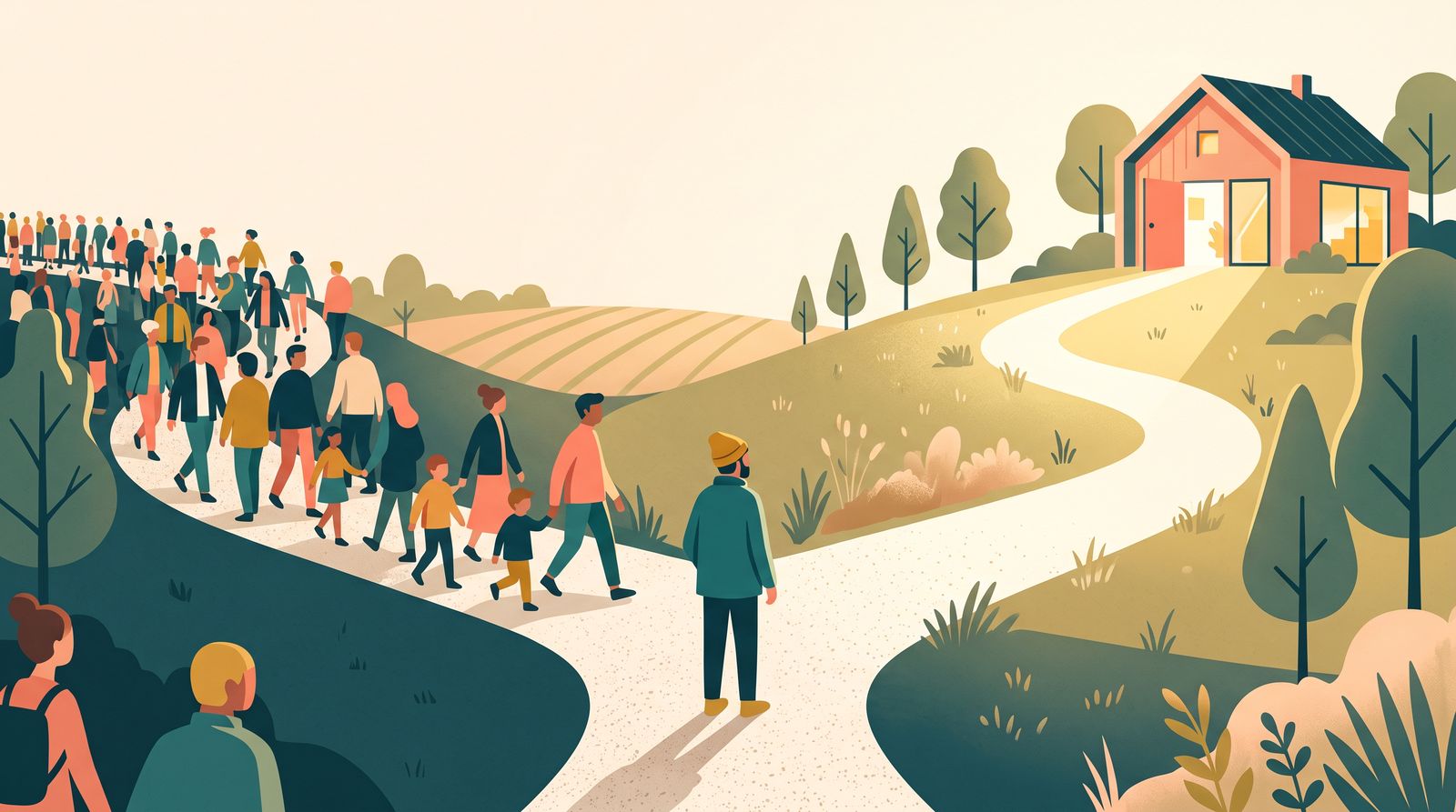 Illustration av en person vid ett vägskäl med en folktät stig och en öppen solbelyst stig