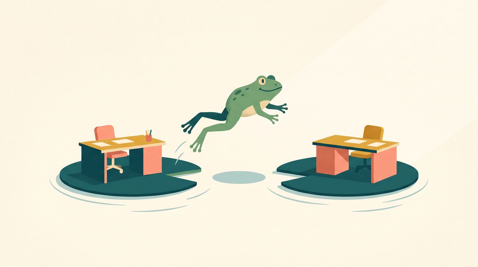 Illustration av en groda som hoppar mellan näckrosblad med små skrivbord