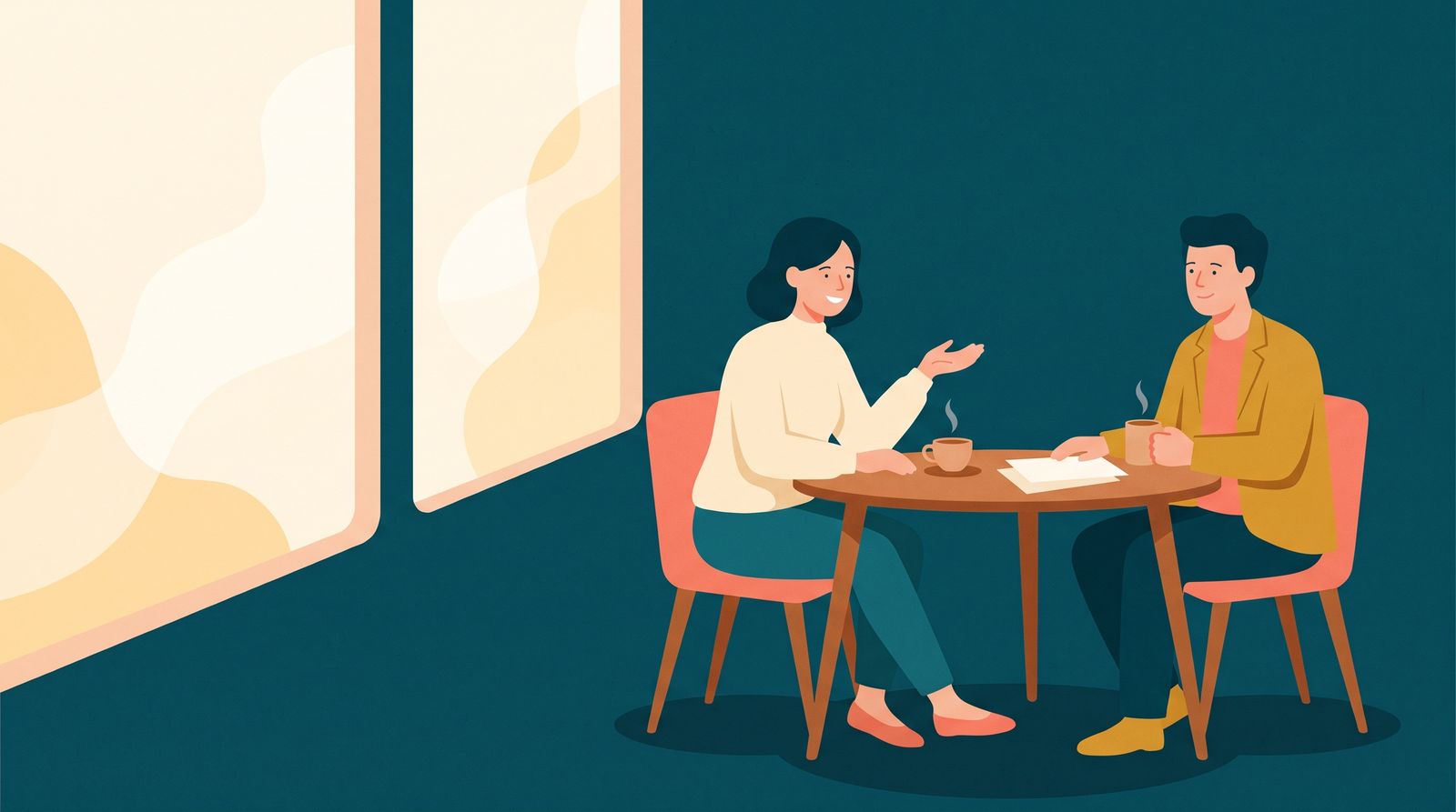 Illustration av en arbetsintervju vid ett litet bord i varmt ljus