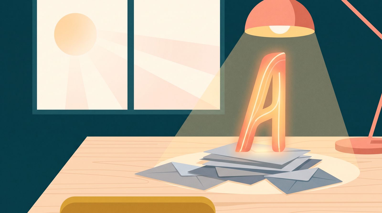 Illustration av ett upplyst brev som sticker ut ur en hög med grå kuvert