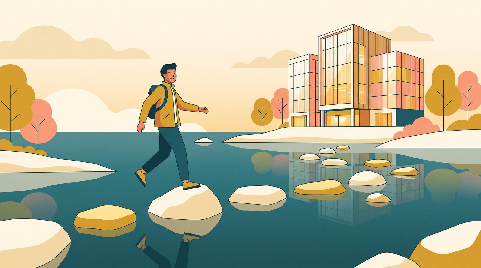 Illustration av klivstenar över lugnt vatten mot en kontorsbyggnad